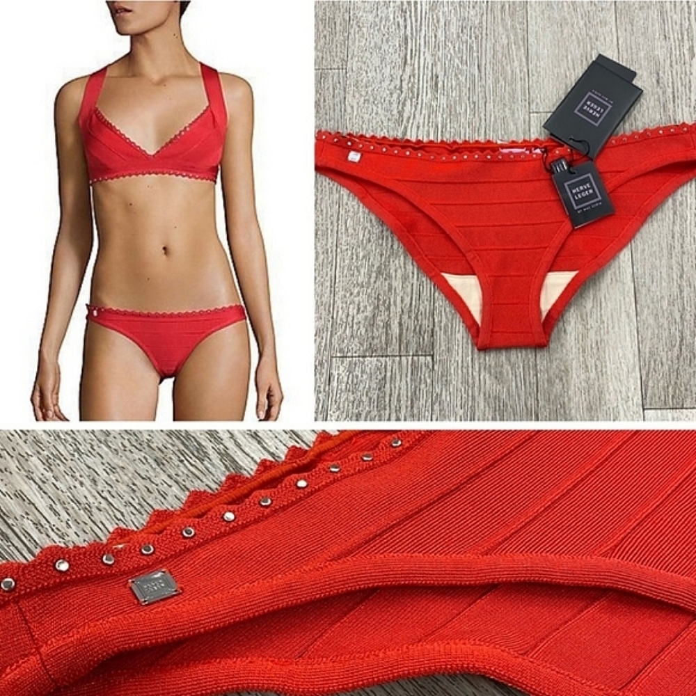Herve Leger By Max Azria Red Poppy Studded Bandage Cheeky Bikini Bottom NWT